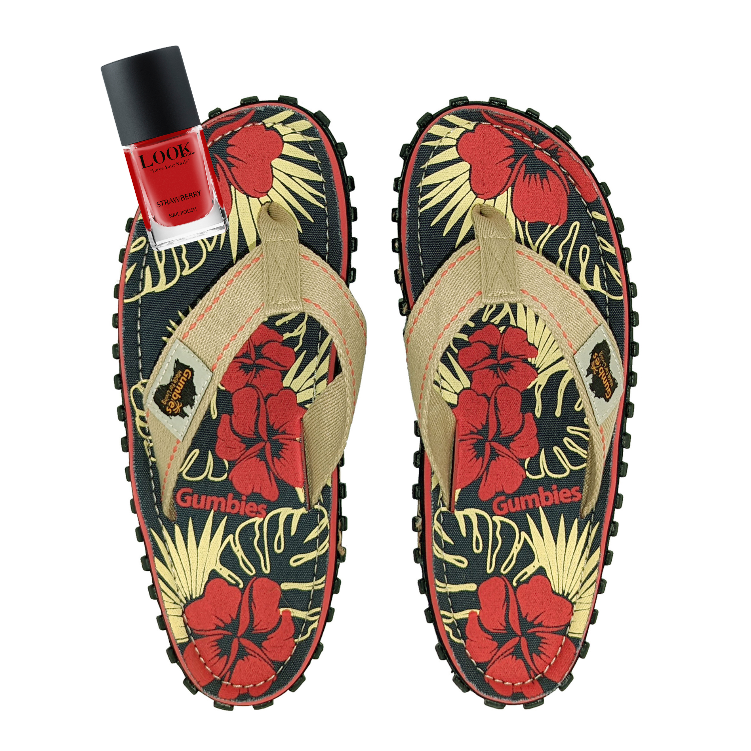 Flip Flops Set – Denim Hibiscus mit dem Nagellack Strawberry