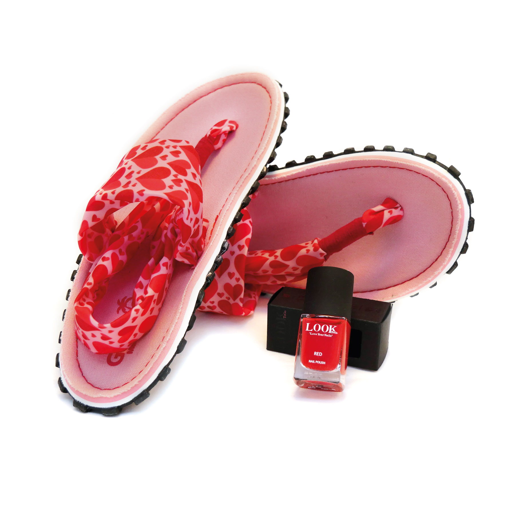 GUMBIES Zehentrenner Set – Slingbacks Candy Hearts mit dem Nagellack Red