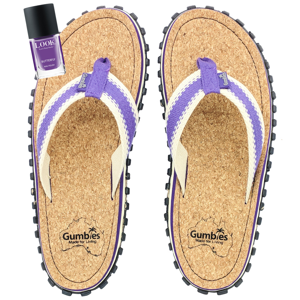 GUMBIES Zehentrenner Kork – Purple mit dem Nagellack Butterfly