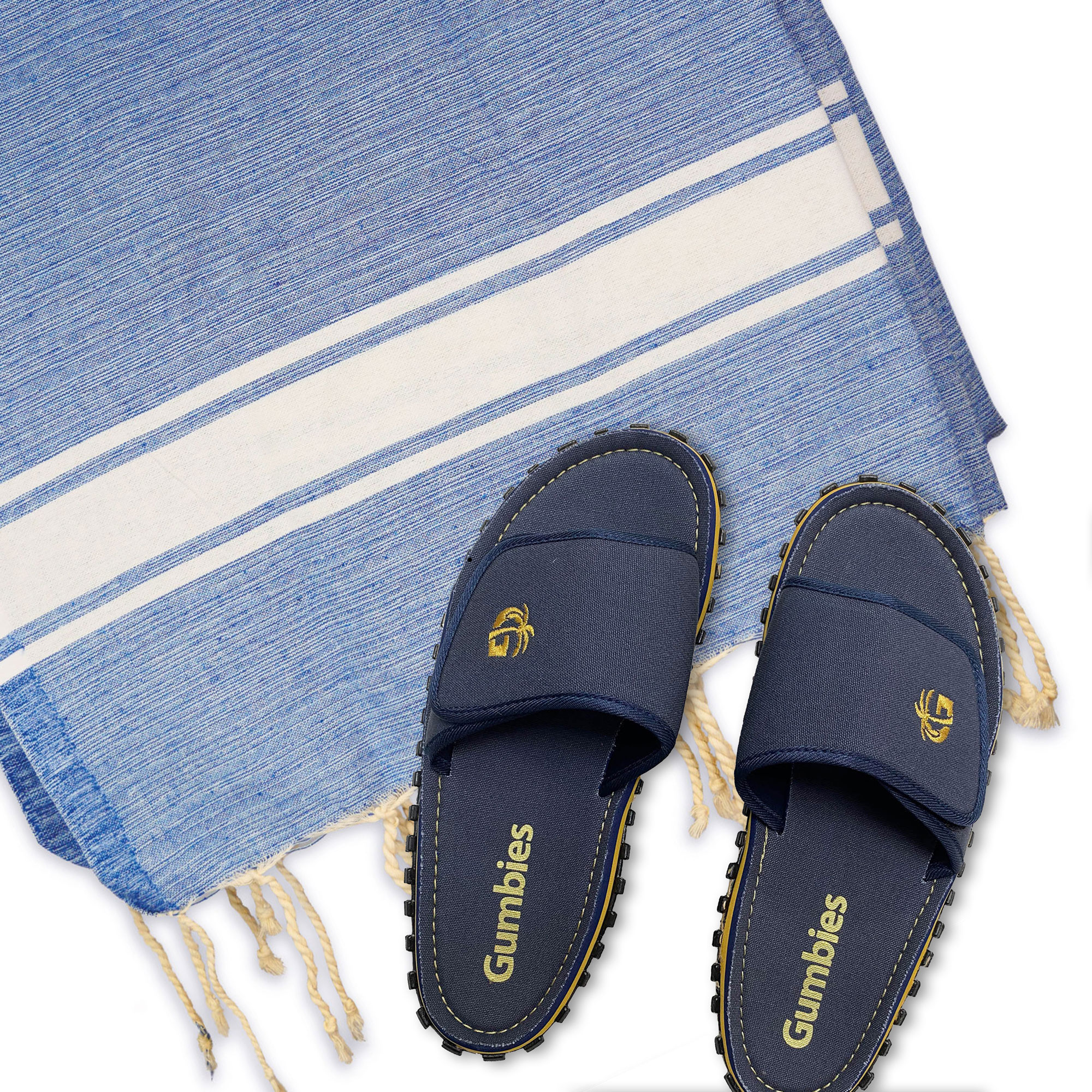 GUMBIES Pantoletten Set – Strider Navy mit Strandtuch Traditionell – Blau Chiné