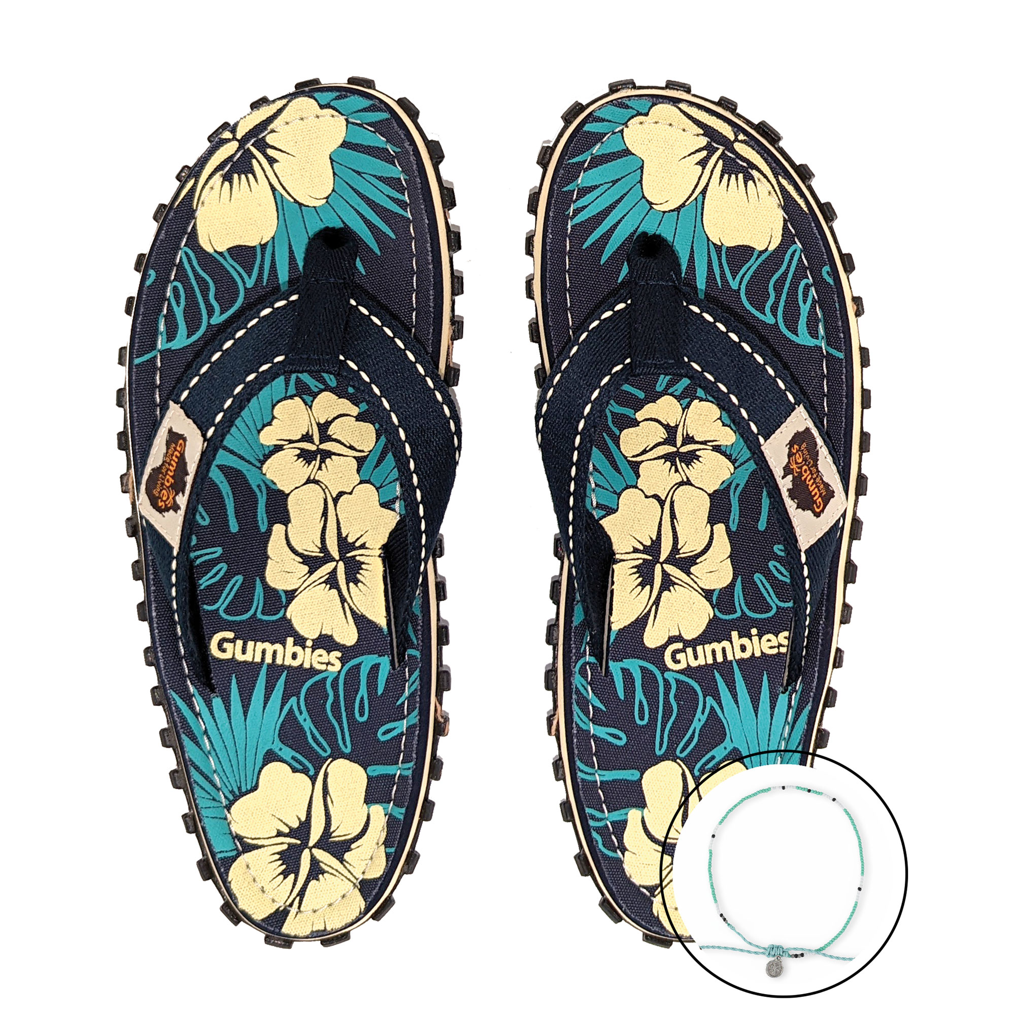 GUMBIES Zehentrenner Set – Blue Hibiscus mit dem Fußkettchen Cali Surf - Turquoise