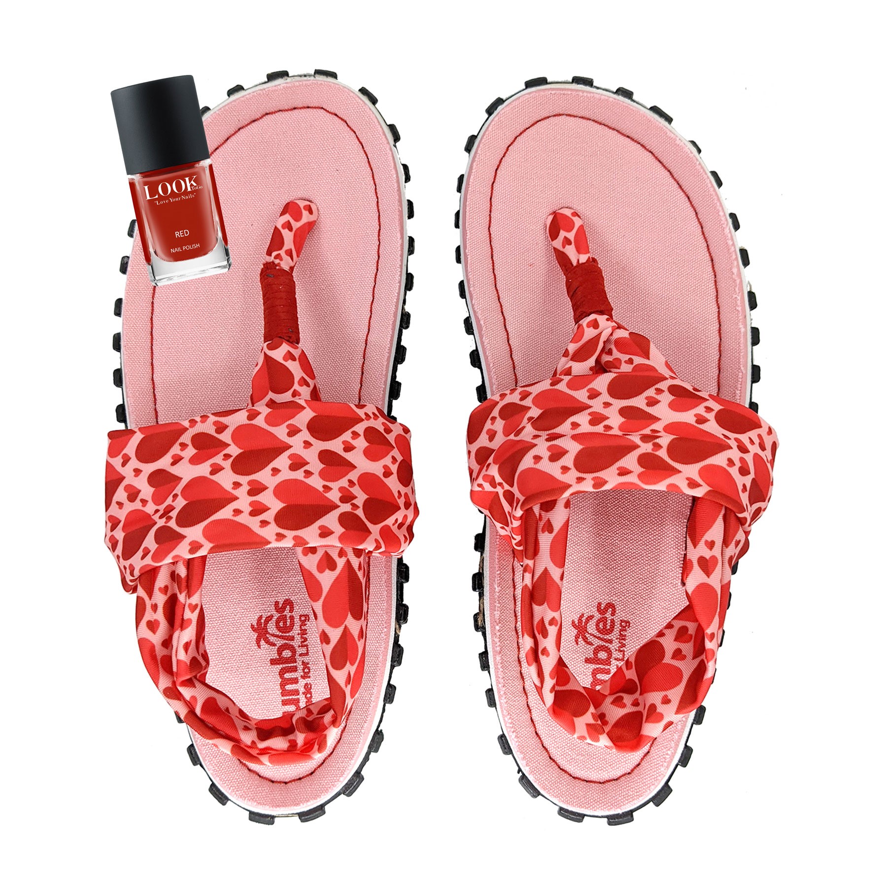 GUMBIES Zehentrenner Set – Slingbacks Candy Hearts mit dem Nagellack Red