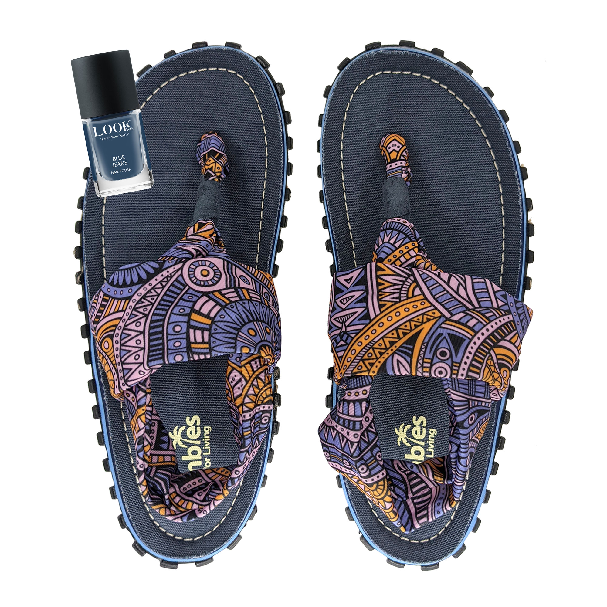 GUMBIES Zehentrenner Set – Slingbacks Aztec mit dem Nagellack Blue Jeans